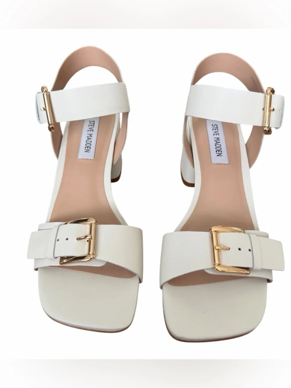 Steve Madden White‎ Block Heel Sandals with Gold Buckles - Ankle Strap
